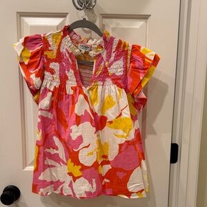 crosby. Girls Floral Smocked Flutter Sleeve Top in Pink, Yellow, White
